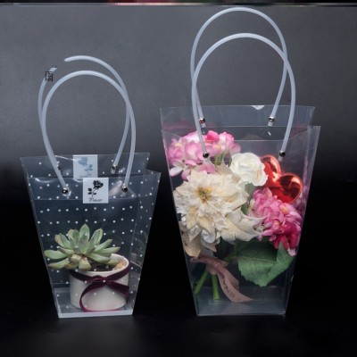 Customized wholesale hot sale PVC PET PP clear flower packaging bag with handle